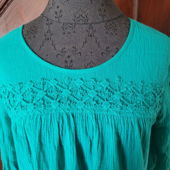 Womens Teal Long-Sleeve Tiered Tunic Dress Crochet Lace Hem  Smocked Bodice Boho - Picture 2 of 8